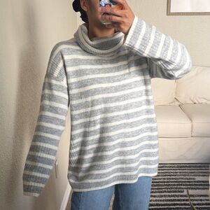 LOFT Light Gray and White Striped Turtleneck Sweater